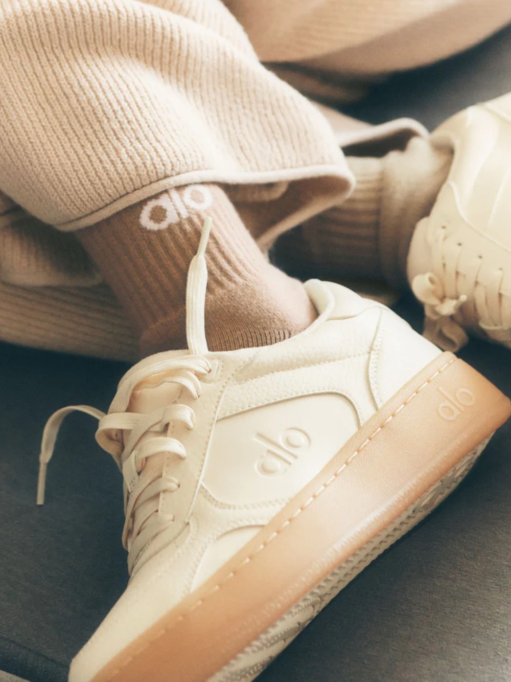 ALO Yoga Cream Leather Platform Sneakers with Tan Gum Sole
